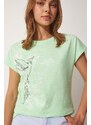 Happiness İstanbul Women's Light Green Printed Cotton T-Shirt