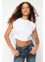 Trendyol White 100% Cotton Gather Detailed Crop Bat Sleeve Knitted T-Shirt