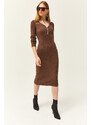 Olalook Women's Brown V-Neck Zippered Thick Ribbed Midi Dress