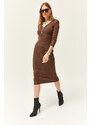 Olalook Women's Brown V-Neck Zippered Thick Ribbed Midi Dress