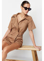 Trendyol Camel Shirt Collar Gather Detailed Gabardine Mini Woven Jumpsuit