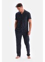 Dagi Navy Blue Size Printed Cotton Modal Shirt Trousers Pajamas Set