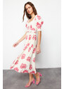 Trendyol Pink Patterned Square Collar Linen Look Woven Midi Dress with Belt