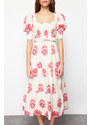 Trendyol Pink Patterned Square Collar Linen Look Woven Midi Dress with Belt
