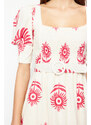 Trendyol Pink Patterned Square Collar Linen Look Woven Midi Dress with Belt