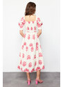 Trendyol Pink Patterned Square Collar Linen Look Woven Midi Dress with Belt