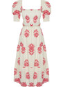 Trendyol Pink Patterned Square Collar Linen Look Woven Midi Dress with Belt