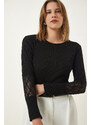 Happiness İstanbul Women's Black Lace Wrap Ribbed Knitted Blouse