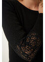 Happiness İstanbul Women's Black Lace Wrap Ribbed Knitted Blouse