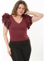 Şans Women's Plus Size Burgundy Flounce Sleeve Back Hidden Zipper Blouse