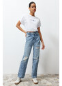 Trendyol Blue More Sustainable Ripped High Waist Straight Jeans