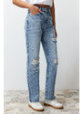 Trendyol Blue More Sustainable Ripped High Waist Straight Jeans