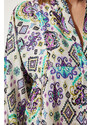 Happiness İstanbul Women's Cream Purple Patterned Buttoned Summer Viscose Dress