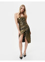 Koton Strapless Dress Shiny Draped Leaf Textured Double Breasted Slit Midi Length