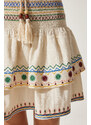Happiness İstanbul Women's Beige Ethnic Patterned Raw Linen Skirt