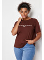 Trendyol Curve Brown 100% Cotton Slogan Printed Relaxed/Wide Relaxed Fit Knitted T-Shirt