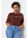 Trendyol Curve Brown 100% Cotton Slogan Printed Relaxed/Wide Relaxed Fit Knitted T-Shirt