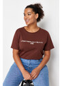 Trendyol Curve Brown 100% Cotton Slogan Printed Relaxed/Wide Relaxed Fit Knitted T-Shirt