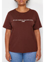 Trendyol Curve Brown 100% Cotton Slogan Printed Relaxed/Wide Relaxed Fit Knitted T-Shirt