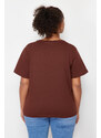 Trendyol Curve Brown 100% Cotton Slogan Printed Relaxed/Wide Relaxed Fit Knitted T-Shirt