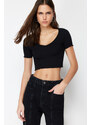 Trendyol Black Pool Neck Baby Overlock Detail Crop Ribbed Elastic Knitted Blouse