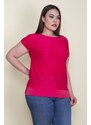Şans Women's Plus Size Fuchsia Plain Crepe Low-Sleeve Striped Blouse With A Plain Hem