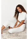 Trendyol White Short Sleeve Belted Denim Jumpsuit