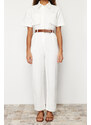 Trendyol White Short Sleeve Belted Denim Jumpsuit