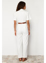 Trendyol White Short Sleeve Belted Denim Jumpsuit