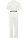 Trendyol White Short Sleeve Belted Denim Jumpsuit