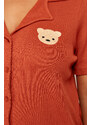 Trendyol Curve Cinnamon Embroidered Shirt Collar Knitted Pajamas Set