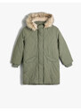 Koton Oversize Long Coat Quilted Faux Fur Detail Hooded Inner Plush Lined Covered Pocket Zipper