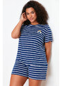 Trendyol Curve Navy Blue Striped Rainbow Printed Knitted Pajamas Set