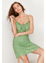 Trendyol Dark Green A-Line Mini Tie Detail Floral Patterned Woven Dress