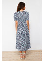 Trendyol Blue Floral V Neck Midi Woven Shirt Dress