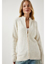 Happiness İstanbul Women's Cream Zippered Knitwear Cardigan