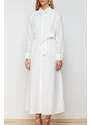 Trendyol White Floral Belted Brode Lined Woven Shirt Dress