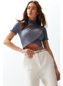 Trendyol Gray High Neck Short Sleeve Draped Crop Blouse Knitted Blouse