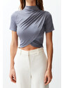 Trendyol Gray High Neck Short Sleeve Draped Crop Blouse Knitted Blouse