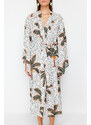 Trendyol Tropical Pattern Belted Maxi Woven 100% Cotton Kimono & Kaftan