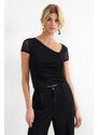 Trendyol Black Asymmetric Collar Tulle Elastic Knitted Blouse