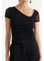 Trendyol Black Asymmetric Collar Tulle Elastic Knitted Blouse