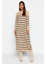 Trendyol Stone Sleeves Button Detailed Striped Knitwear Dress