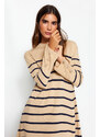 Trendyol Stone Sleeves Button Detailed Striped Knitwear Dress