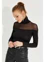 Cool & Sexy Women's Black Tulle Detailed Turtleneck Blouse