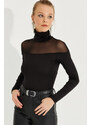 Cool & Sexy Women's Black Tulle Detailed Turtleneck Blouse