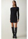 Happiness İstanbul Women's Black Mini Slit Ribbed Knitted Dress