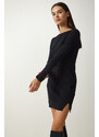 Happiness İstanbul Women's Black Mini Slit Ribbed Knitted Dress