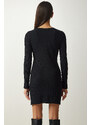 Happiness İstanbul Women's Black Mini Slit Ribbed Knitted Dress