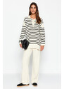 Trendyol Beige Striped Collar Tie Detail Sweater-Trousers Knitwear Two Piece Set